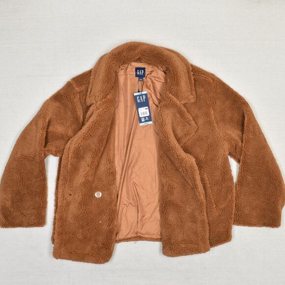 NEW Gap Women Double Breasted Coat Jacket Polyester Orange Size L Sherpa Pockets - Picture 2 of 8